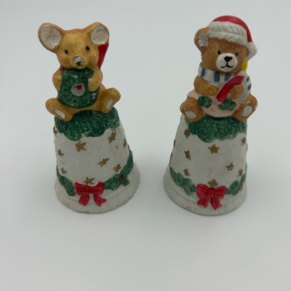 Vintage Christmas Bear and Mouse Ceramic Bells